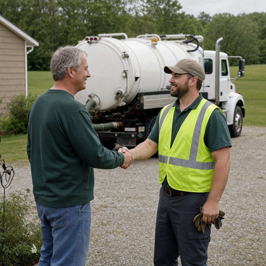 A septic technician shaking a Elmhurst homeowner's hand beside the service truck after a completed pump-out