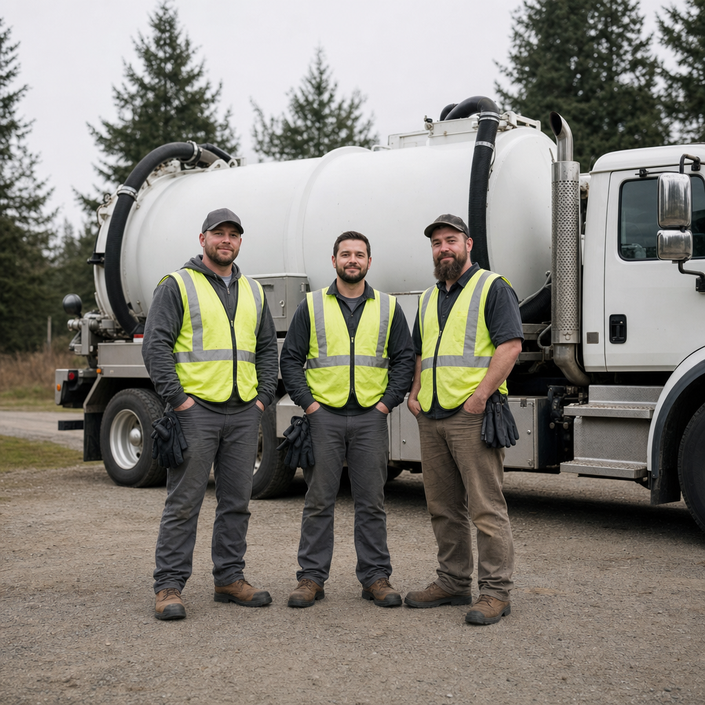 The Elmhurst septic pumping crew standing together beside their clean white vacuum truck on a residential street