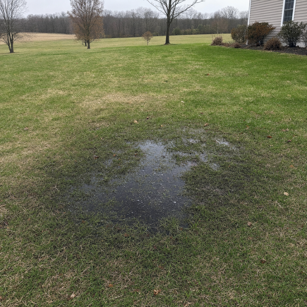 A dark, saturated wet spot in a Elmhurst backyard lawn marking a failing cesspool at capacity