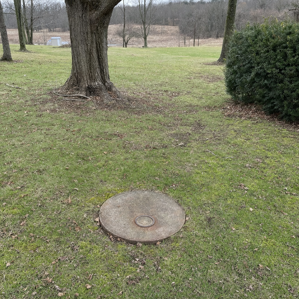 An older round cesspool access lid set flush in an established, mature Elmhurst backyard lawn