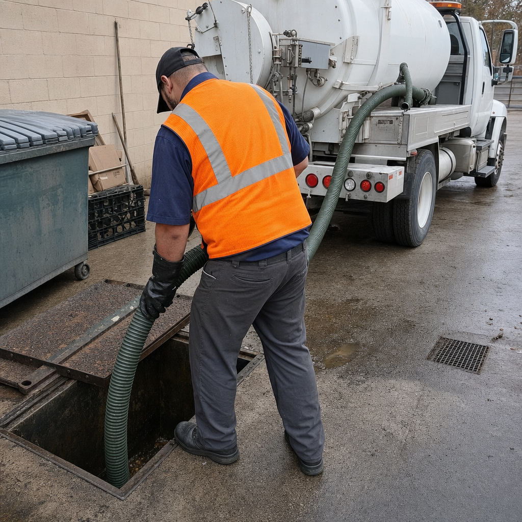 Technician pumping a grease trap behind a Elmhurst restaurant
