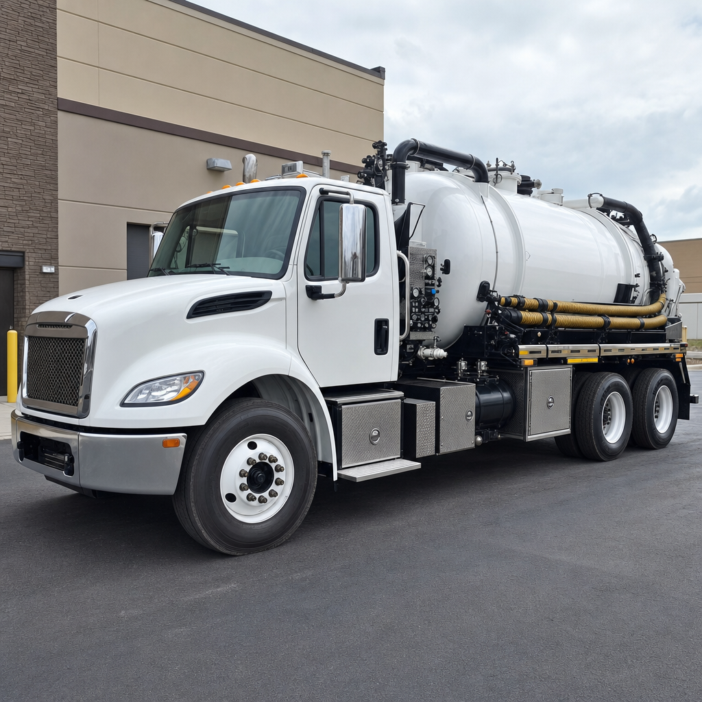 Commercial septic vacuum truck parked in a Elmhurst business parking lot