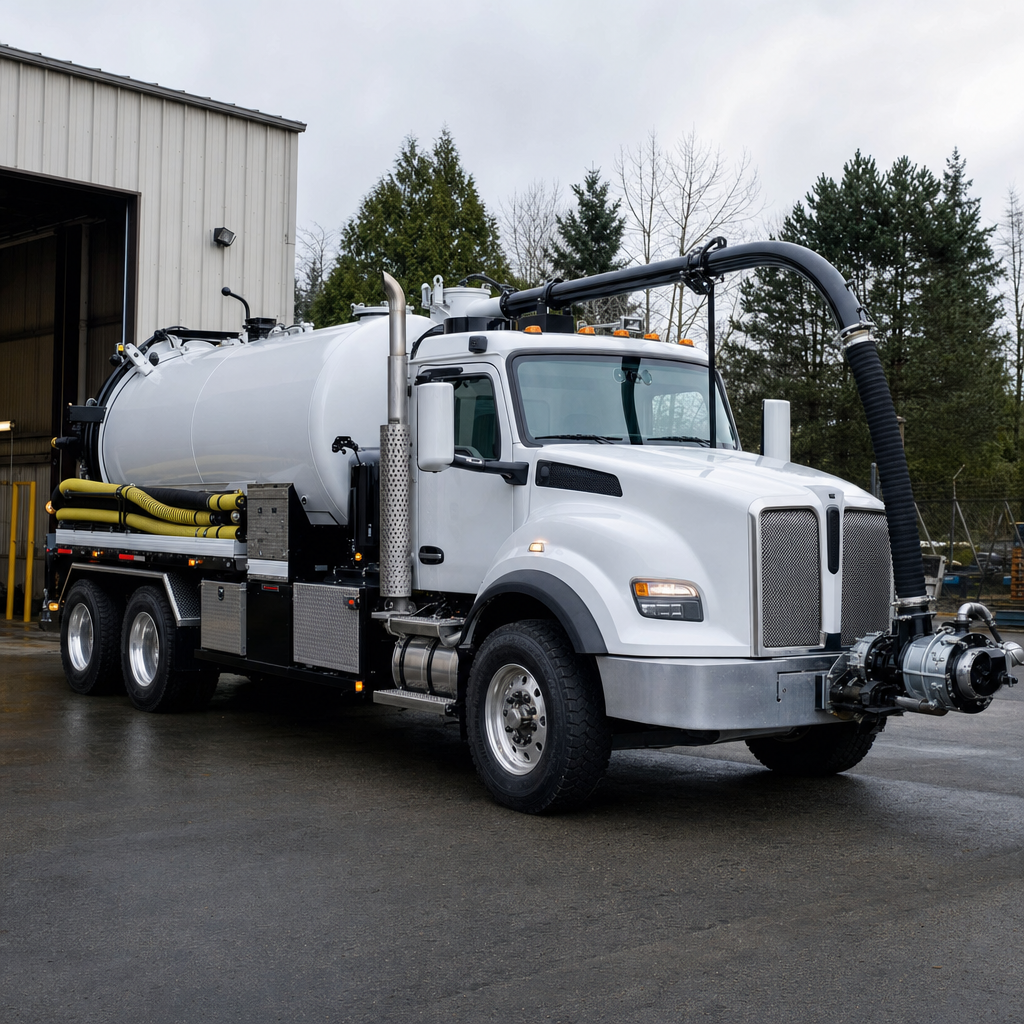 A clean white septic vacuum truck rolling out of a tidy Elmhurst service depot at the start of the day