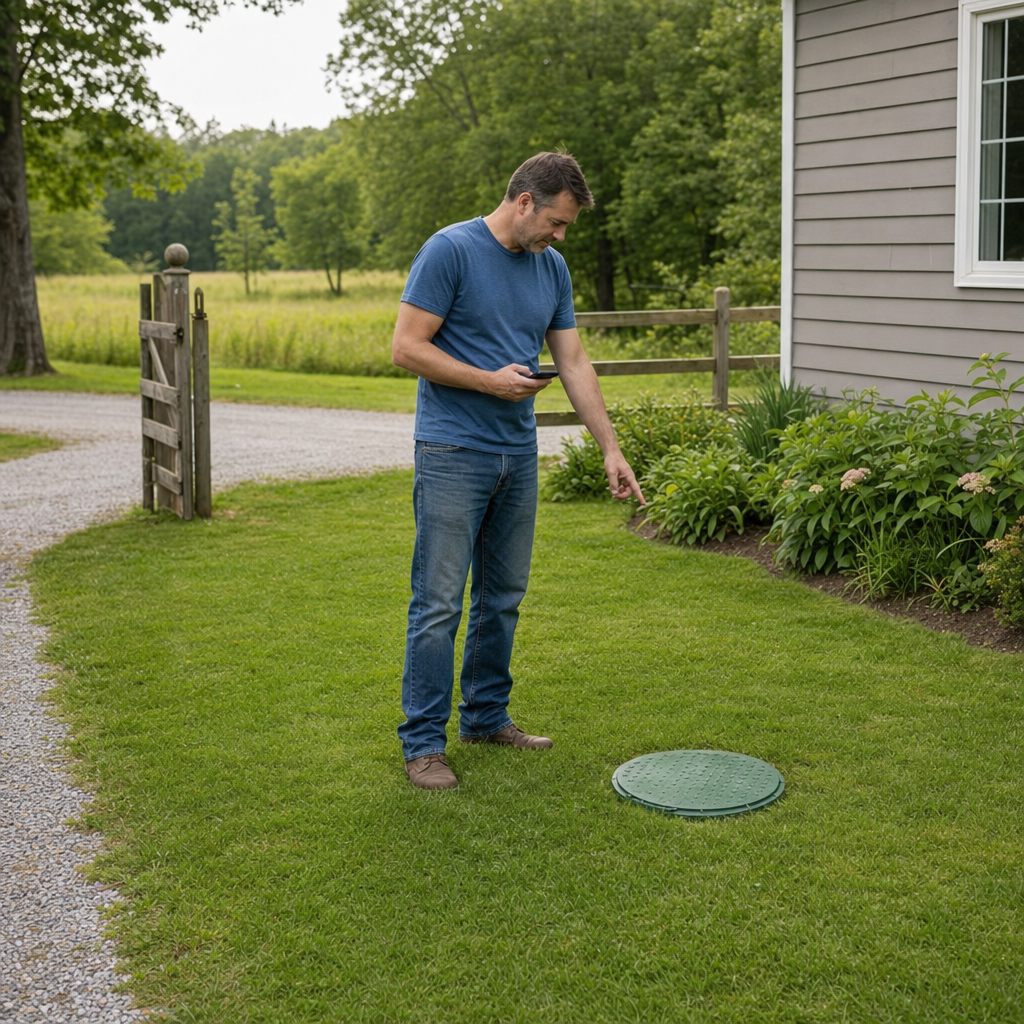 A Elmhurst-area homeowner standing in the backyard noting where the septic tank lid and access route are located