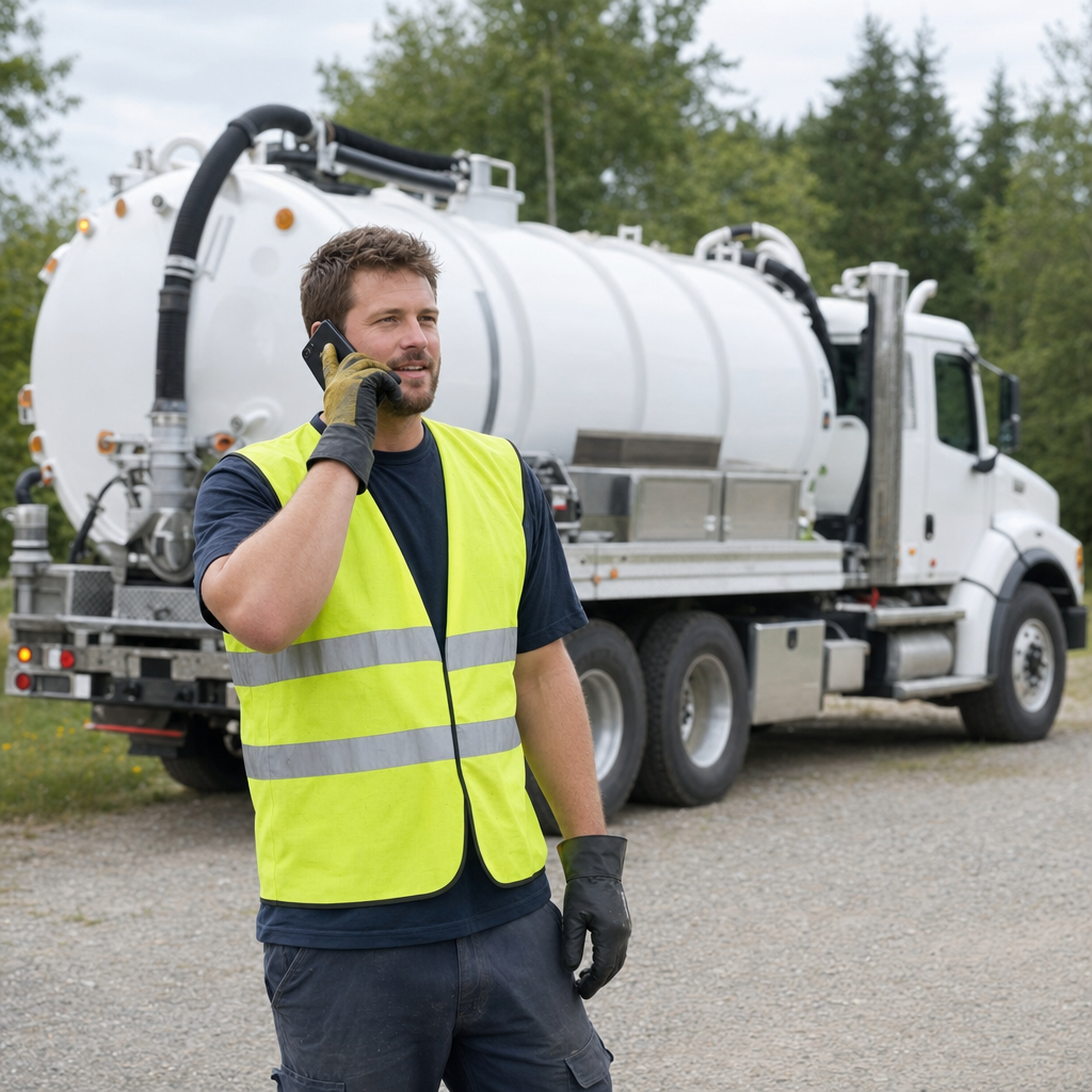 A friendly septic dispatcher holding a phone, ready to answer a Elmhurst homeowner's call about a pump-out