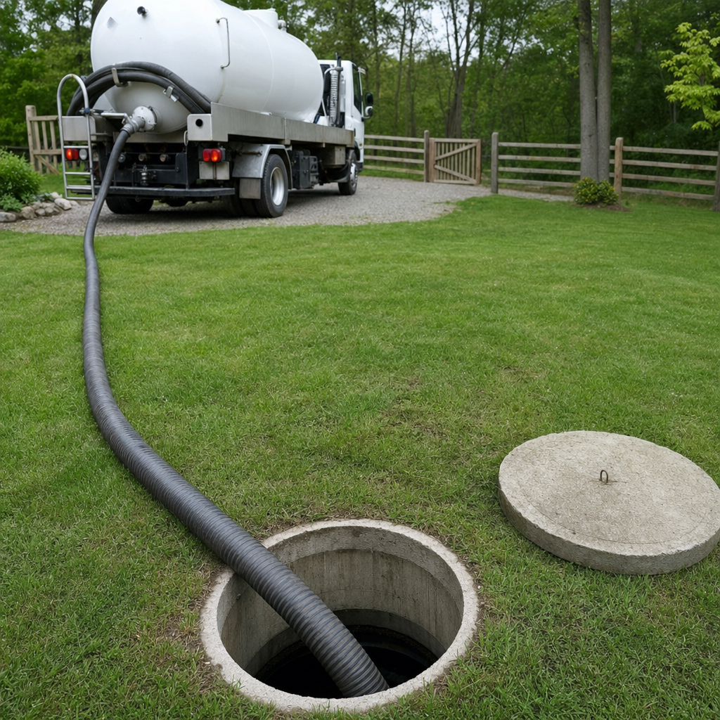 Suction hose connected to an open septic tank, drawing it down in a tidy Elmhurst yard