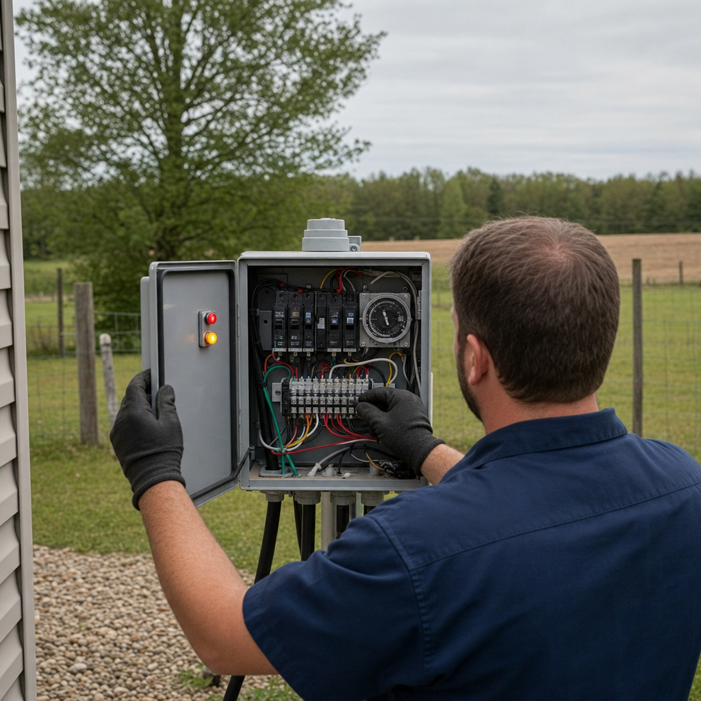 Technician checking an aerobic septic control box with a lit red high-water alarm during a same-day Elmhurst visit
