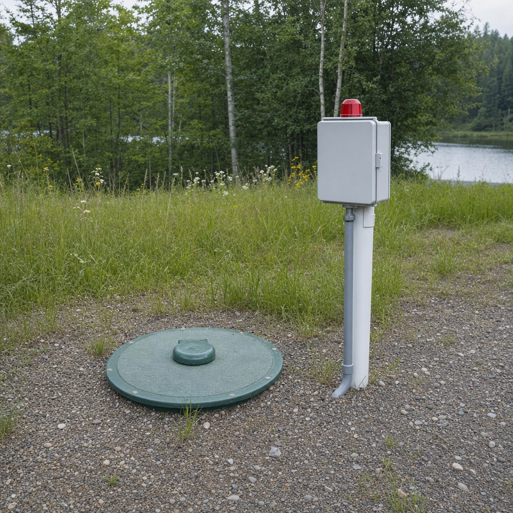 A wastewater holding tank access lid set in the ground at a rural Elmhurst-area cabin, with a mounted high-level float alarm panel nearby