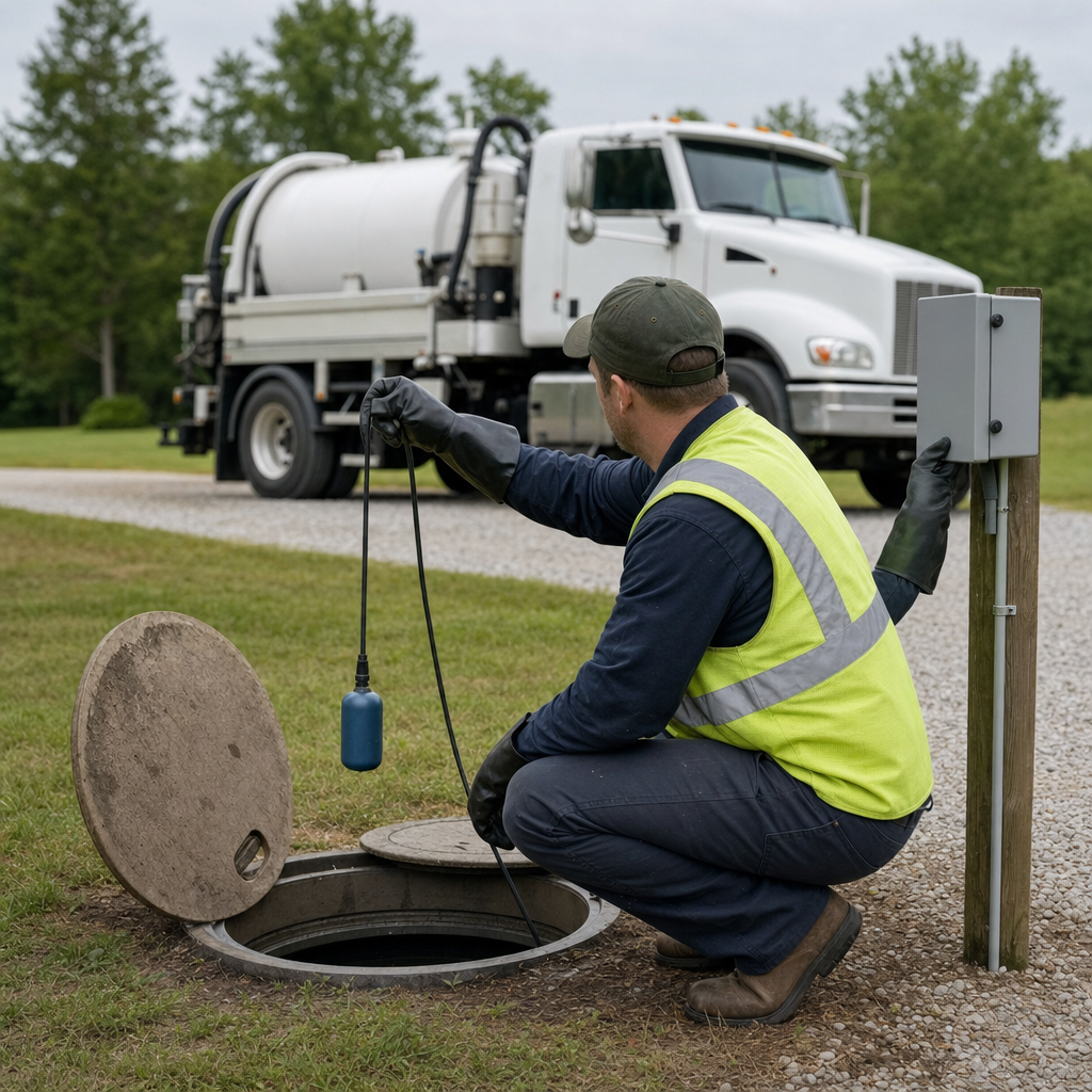 A septic technician in a high-visibility vest checking a high-level float switch and alarm panel on a holding tank at a rural Elmhurst-area site