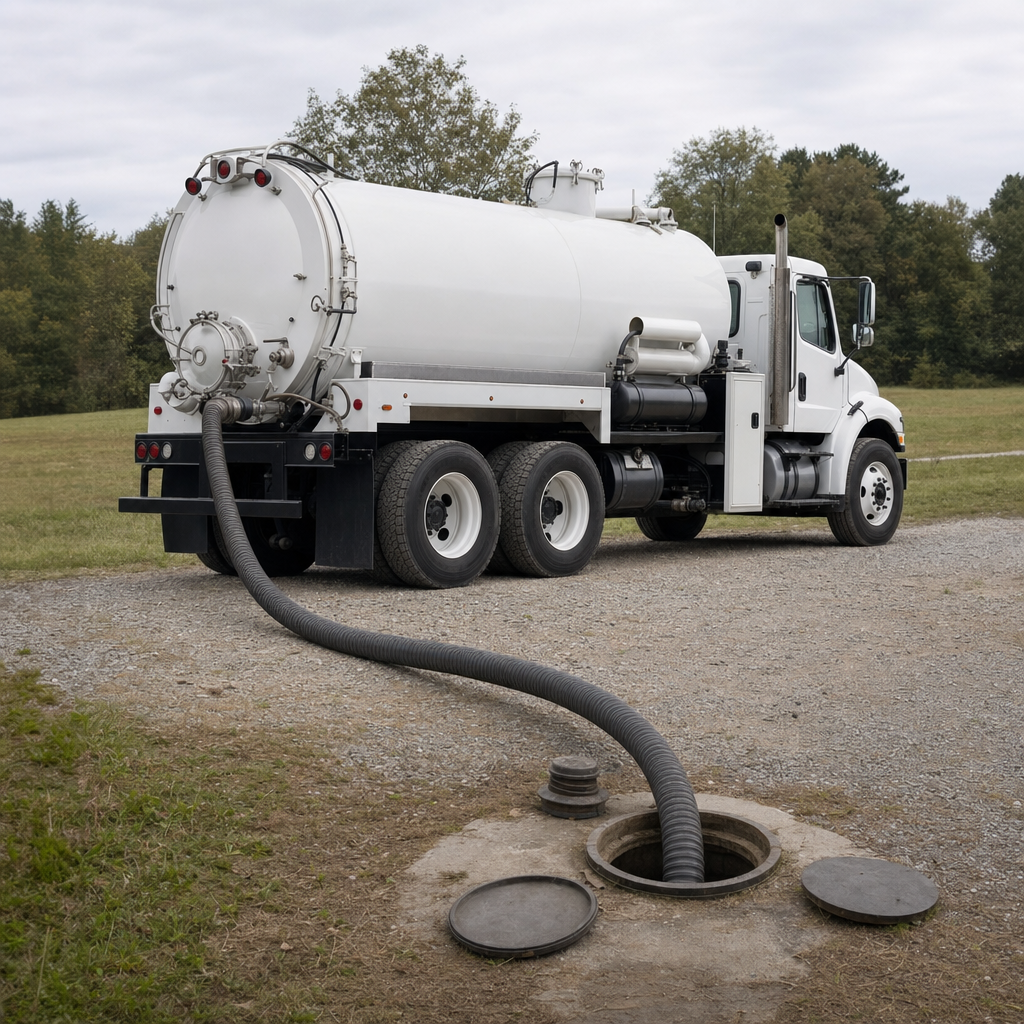 An unmarked white vacuum truck emptying a wastewater holding tank on a scheduled visit at a rural Elmhurst-area property, thick suction hose running to the tank lid