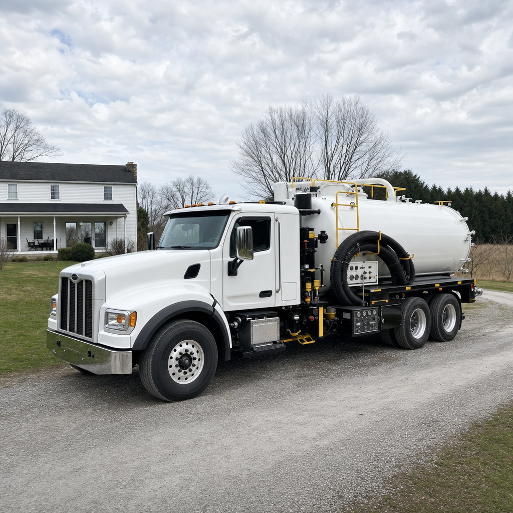 A clean white septic vacuum truck parked on a tidy Elmhurst driveway with the suction hose neatly coiled