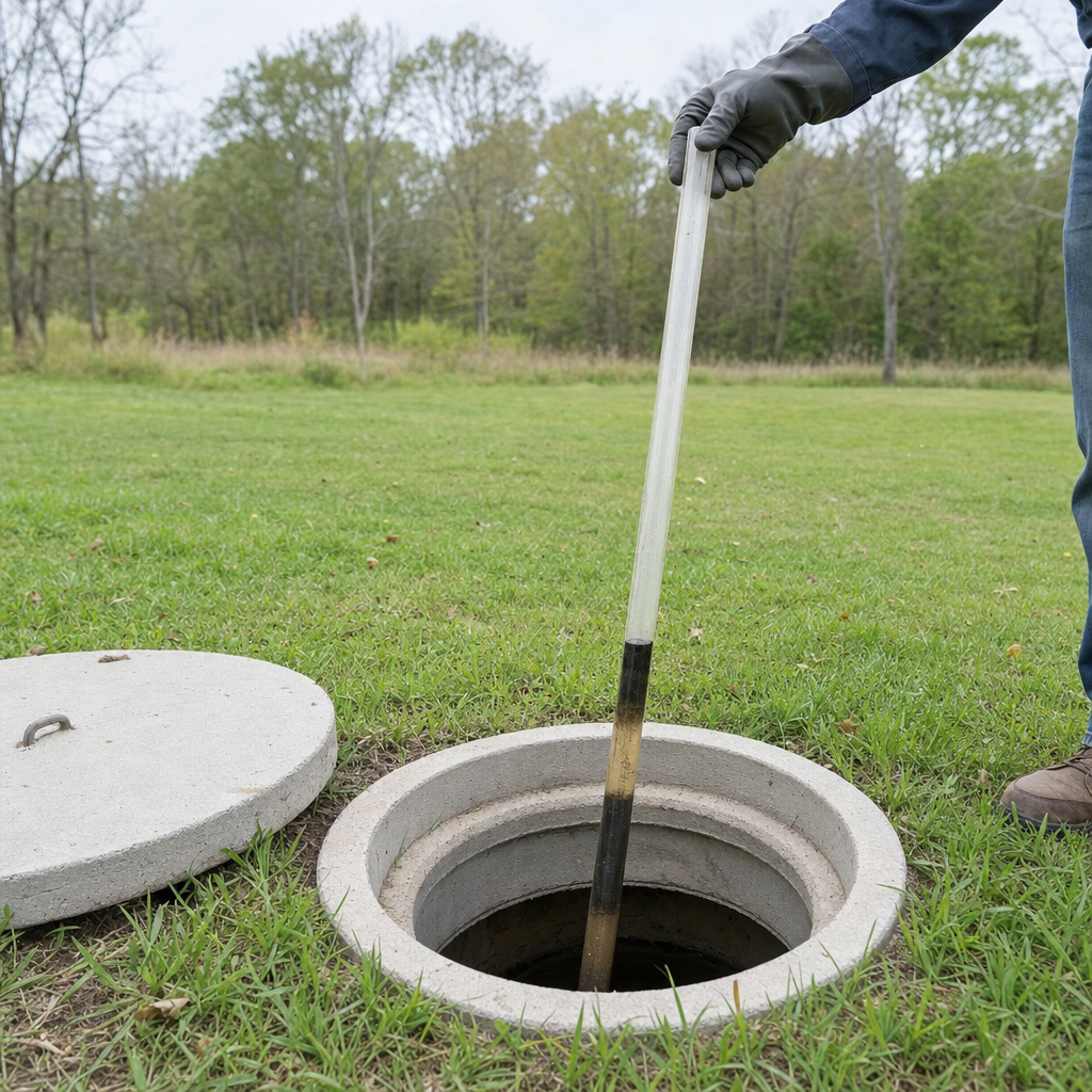 A septic sludge-judge measuring stick lowered into an open Elmhurst septic tank to read the depth of the sludge and scum layers before deciding whether a pump-out is due