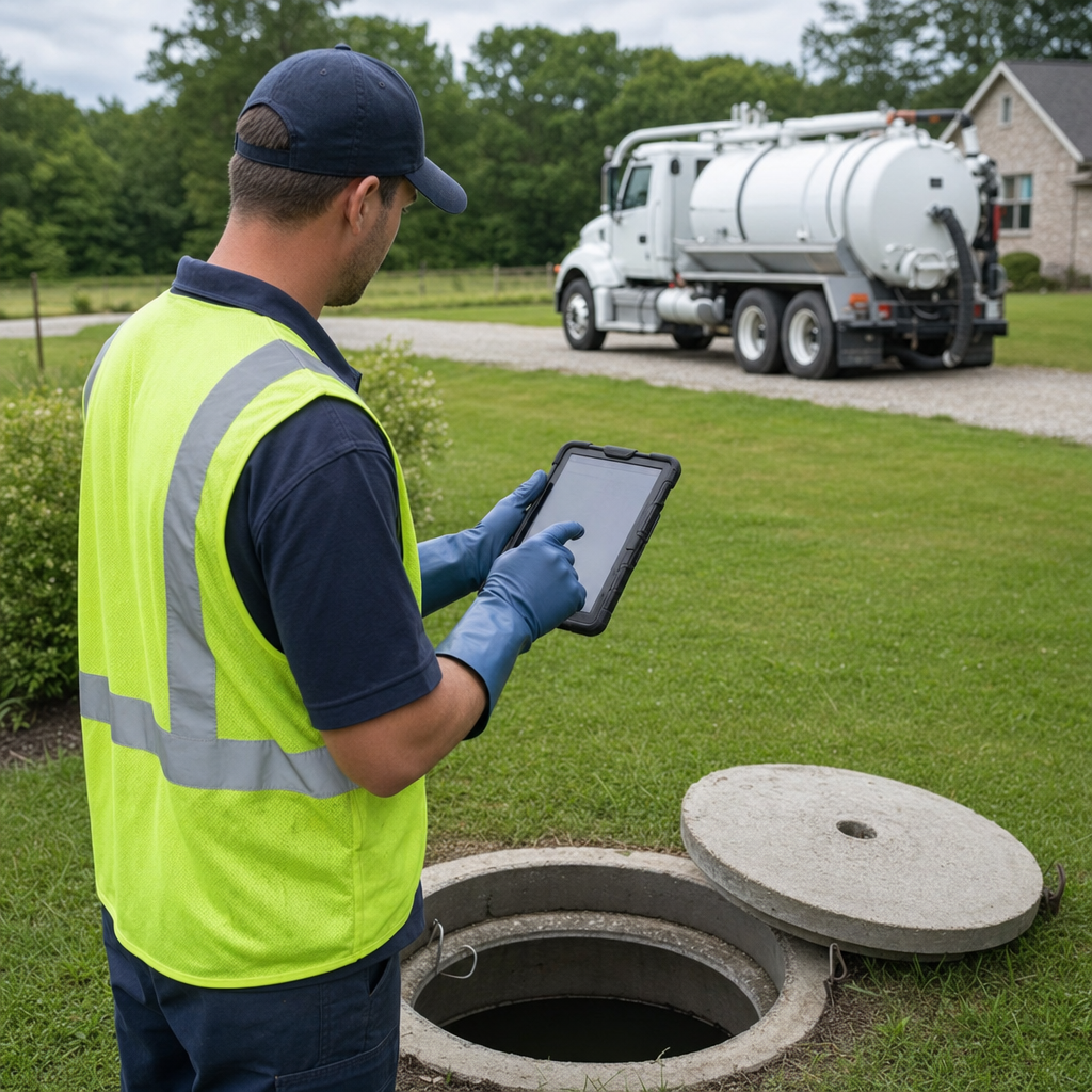A septic technician recording a Elmhurst home's pump-out date and tank condition on a tablet beside an open access lid, tracking the service history that sets the next due date