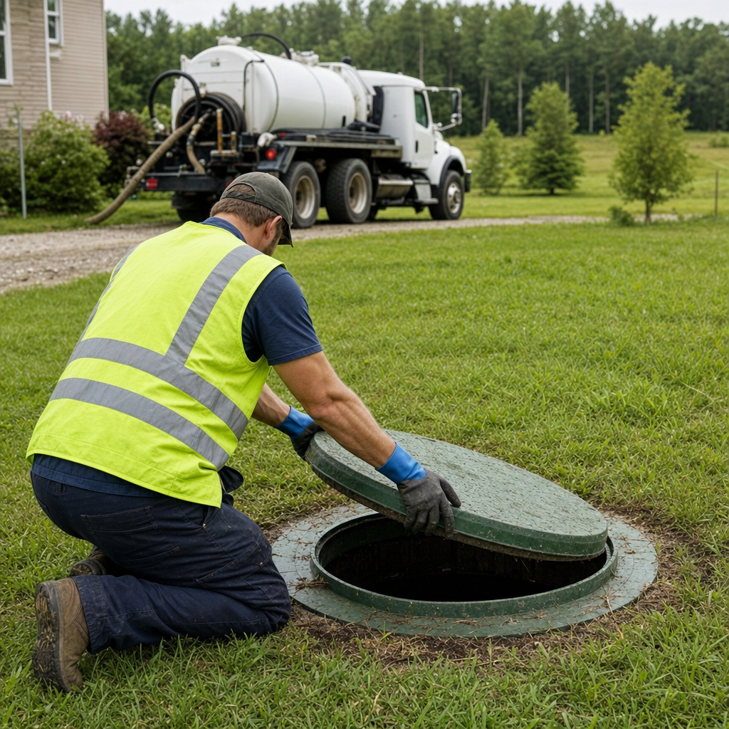 Septic technician kneeling on a Elmhurst lawn, lifting the access lid on a residential septic tank