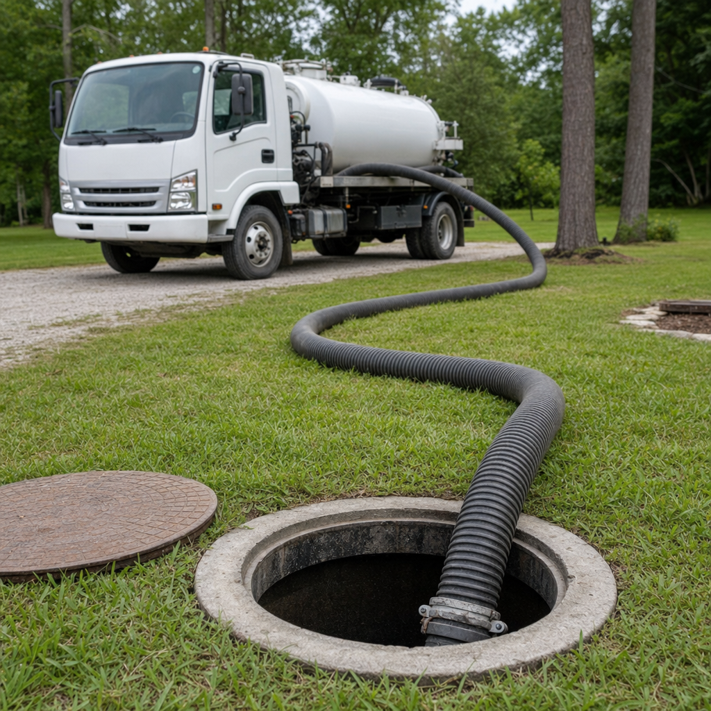 Thick ribbed suction hose lowered into a clean open septic tank port on a tidy Elmhurst backyard lawn