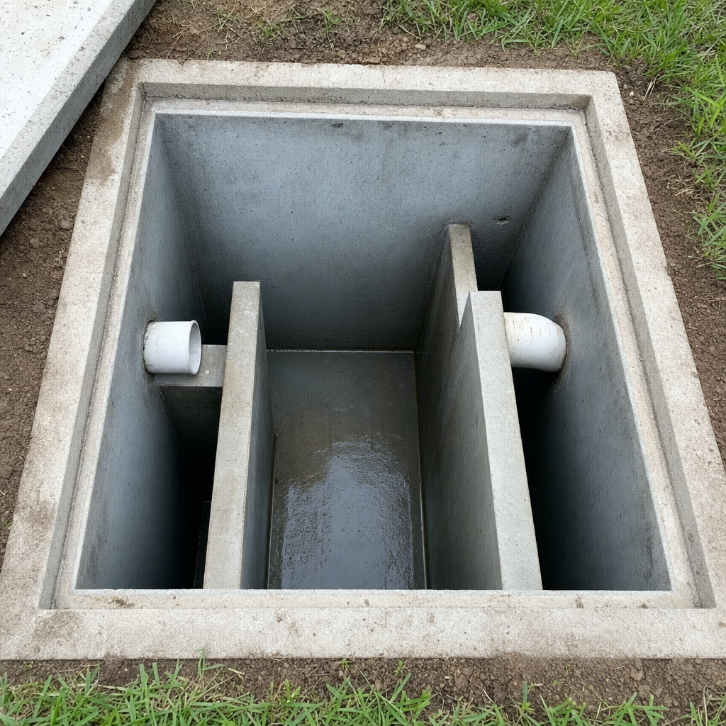 Inspection of the concrete baffles inside an open, emptied and freshly cleaned Elmhurst septic tank