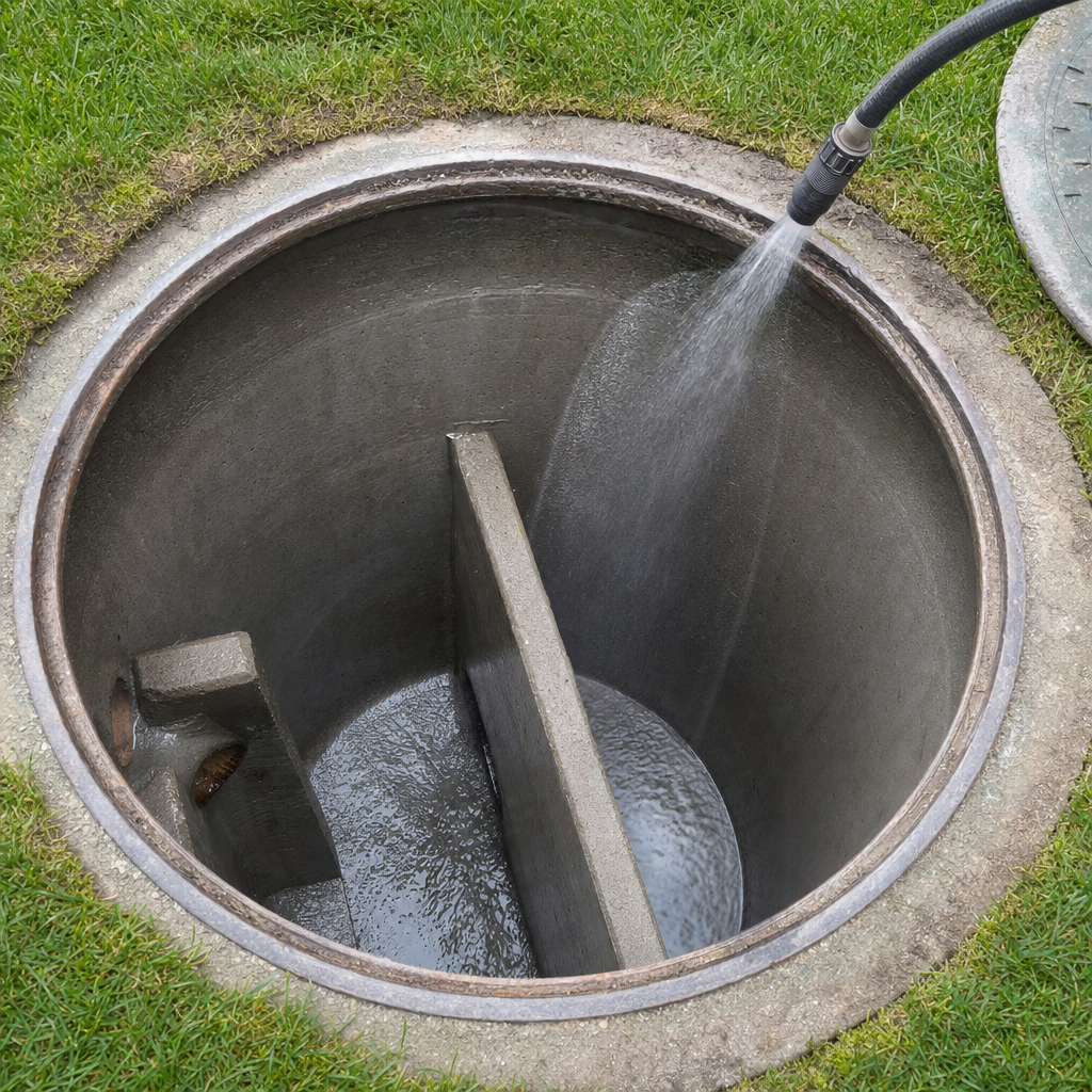 Interior concrete walls of an emptied Elmhurst septic tank being rinsed clean with the truck's onboard water hose