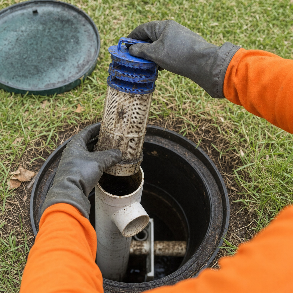 Septic technician's gloved hands lifting the effluent filter cartridge out of the outlet housing on a Elmhurst septic tank