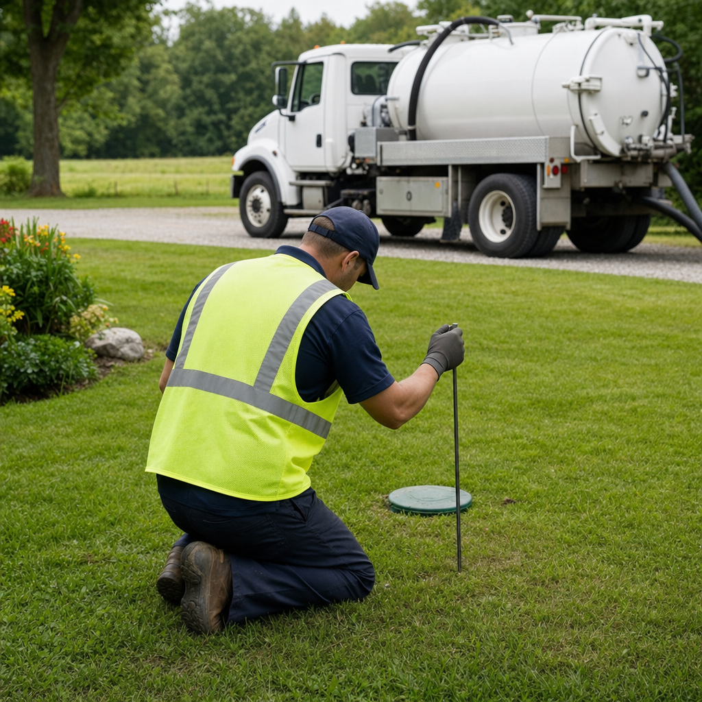 Septic technician kneeling on a Elmhurst lawn, probing to locate and measure the depth of a buried septic tank lid before pumping