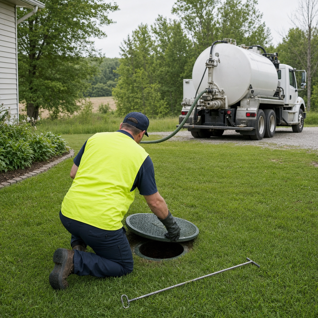 Septic technician kneeling on a Elmhurst lawn, lifting the buried access lid on a residential septic tank