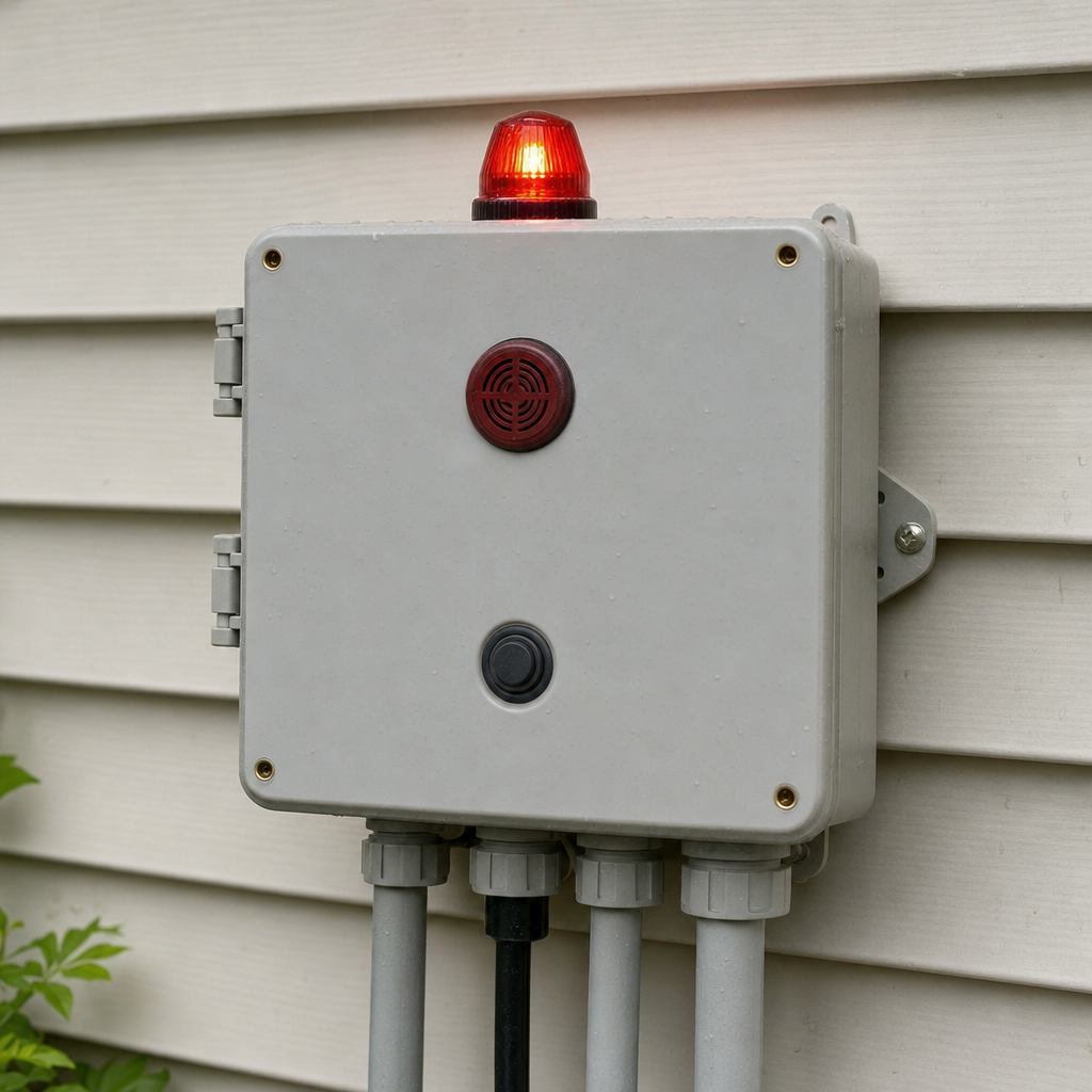 An aerobic septic system control panel mounted outside a Elmhurst home with its red high-water alarm light lit