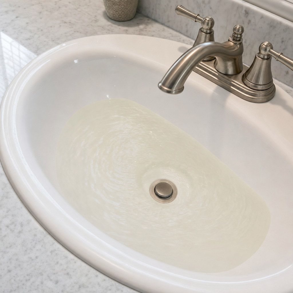 A bathroom sink draining slowly with water pooled in the basin, an early warning sign that a Elmhurst septic tank is full